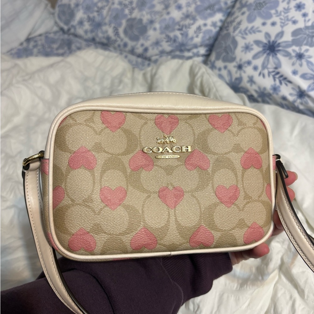Coach Mini Jamie Camera Bag in Signature Canvas with Heart Print Crossbody Bag